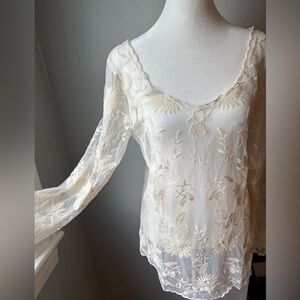 Anthropologie Everleigh Long Sleeve Sheer Embroidered Shirt | Size M